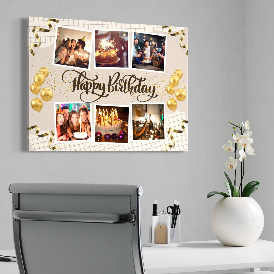 Imagine cu tablou personalizat happy birthday cu sase fotografii, tiparita pe panza canvas